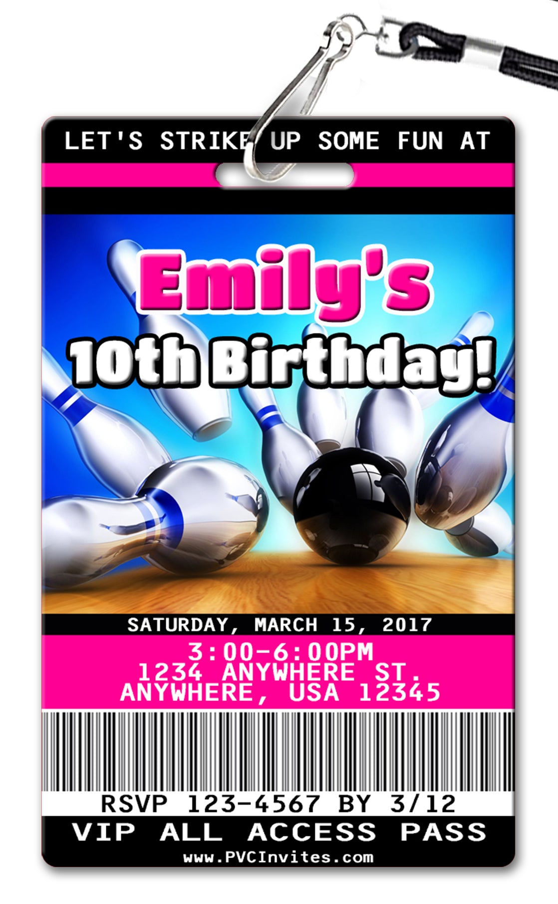 Bowling Pink Birthday Invitation