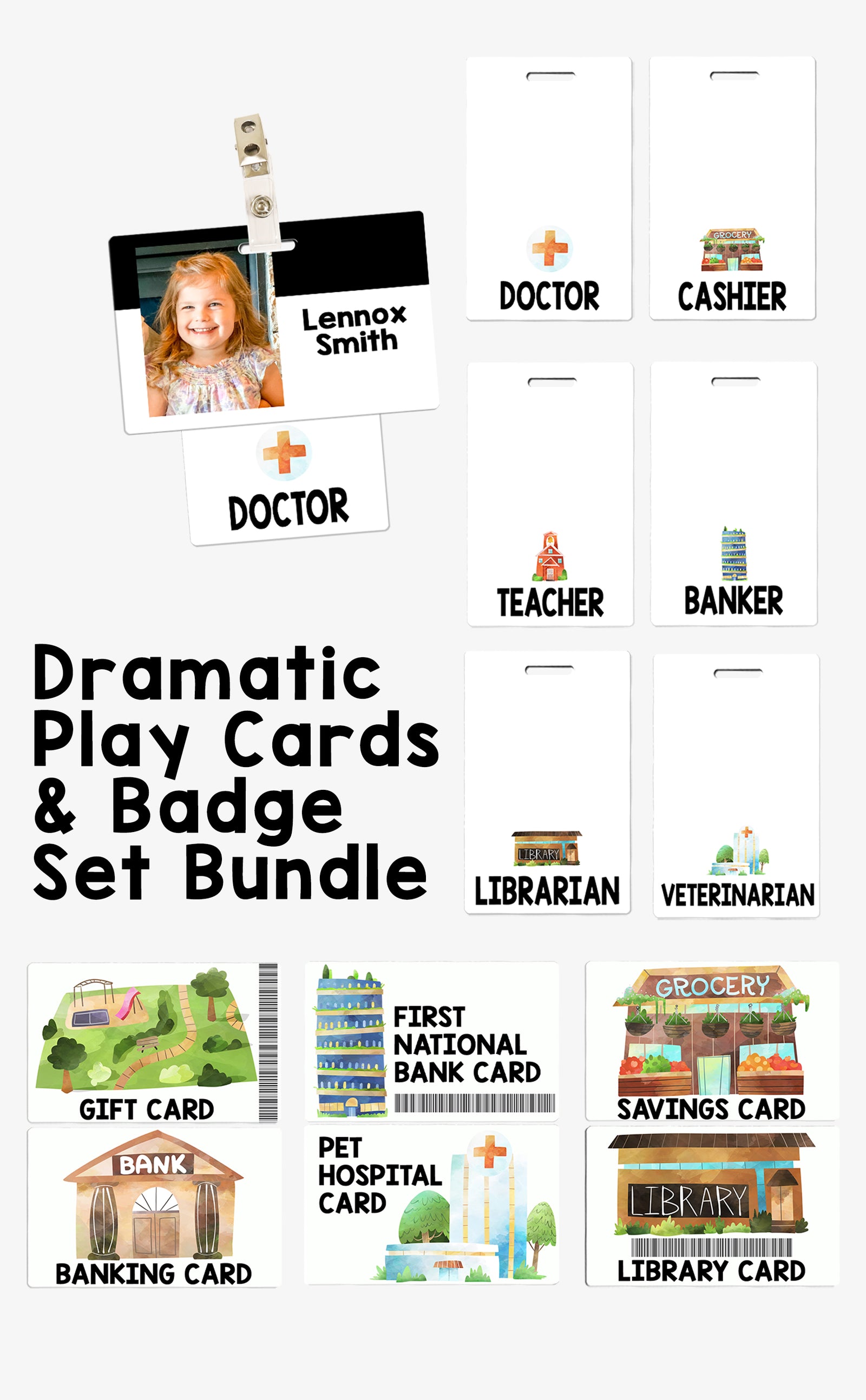 BUNDLE Dramatic Play Wallet and Occupation Badge Sets (13 Cards)