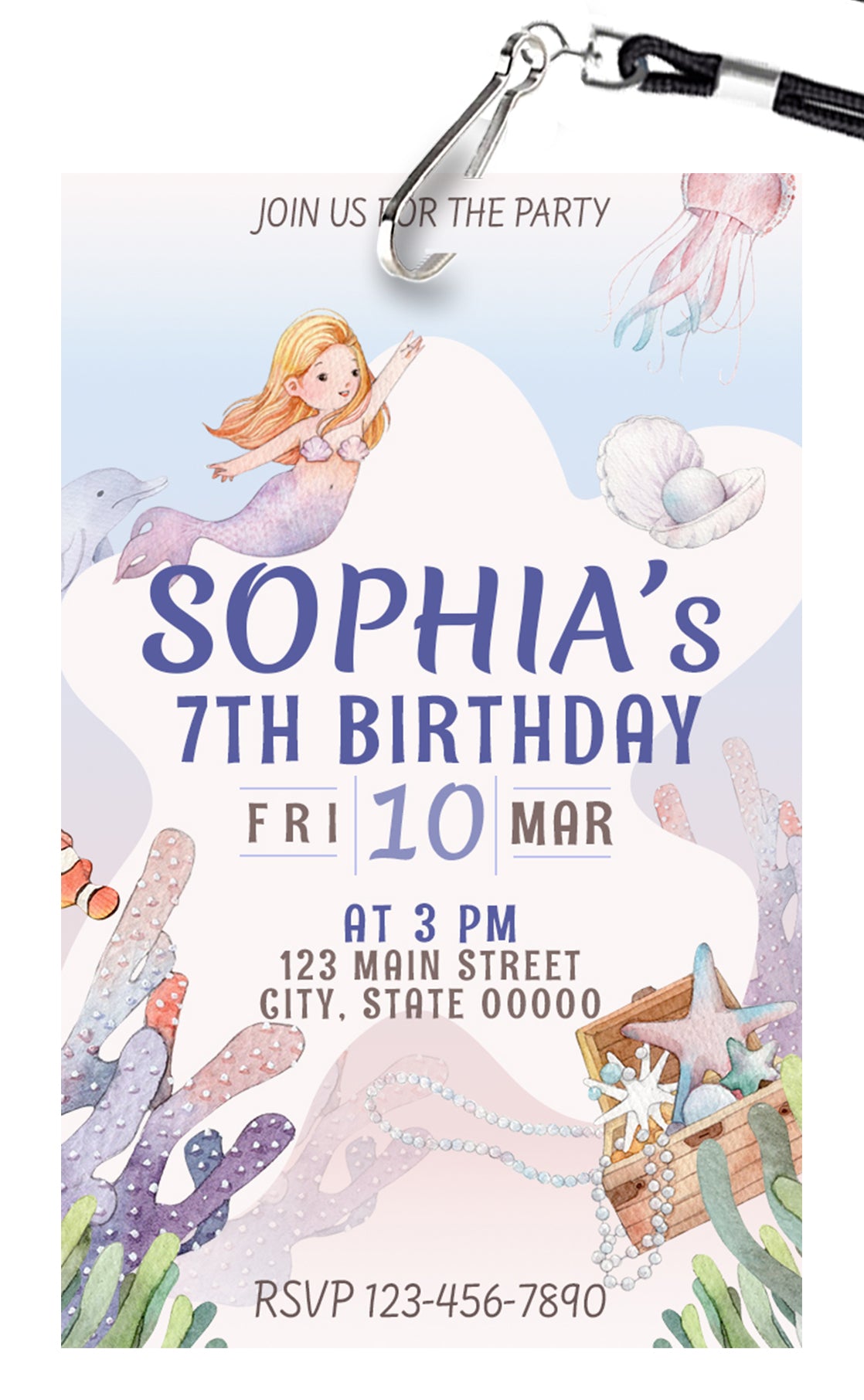 Mermaid Watercolor Birthday Invitation